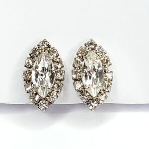 Vintage Round Marquis Clear Crystal Rhinestone Earrings Silvertone Screw Back